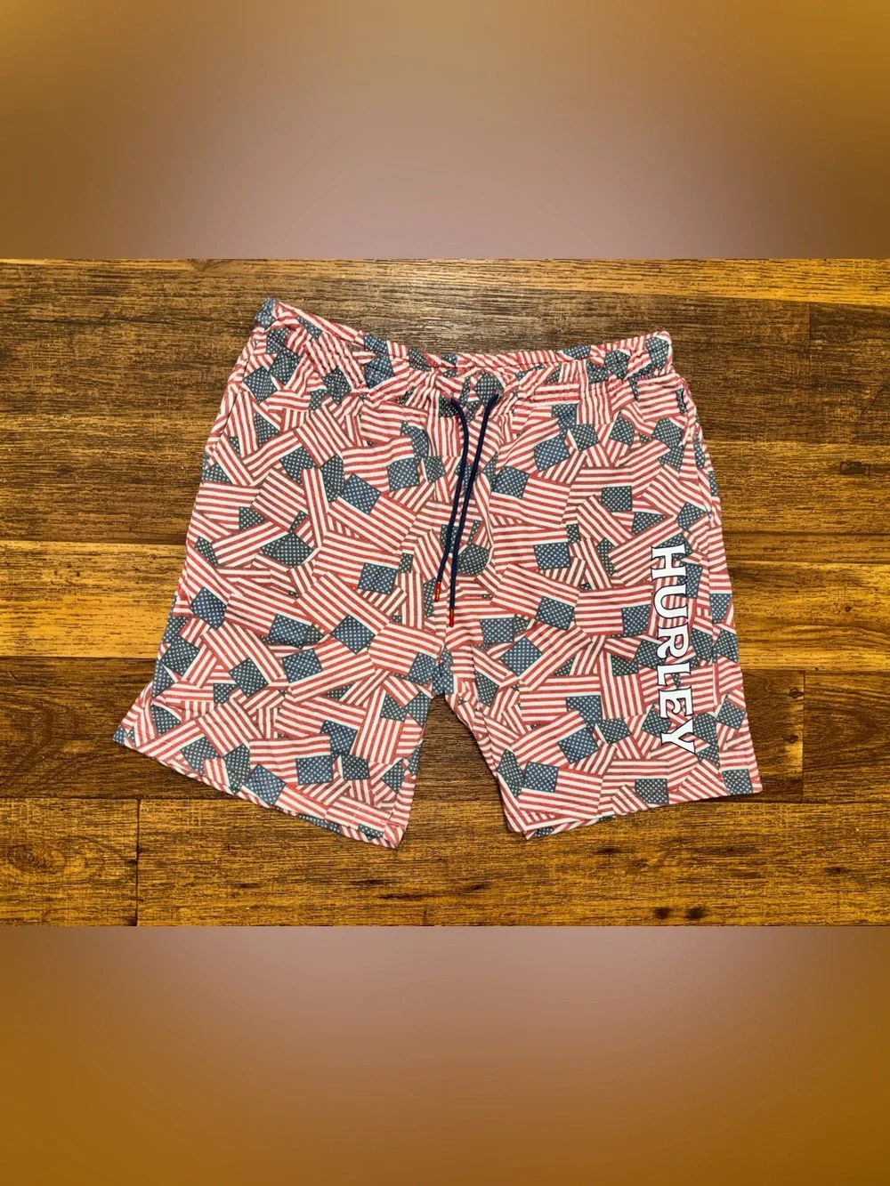 Hurley Men's Red, White & Blue Flag-Print Swim Shorts
